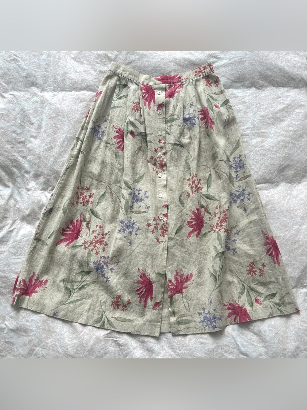 Alfred Dunner Cream A-Line Midi Skirt with Pink Floral Print
